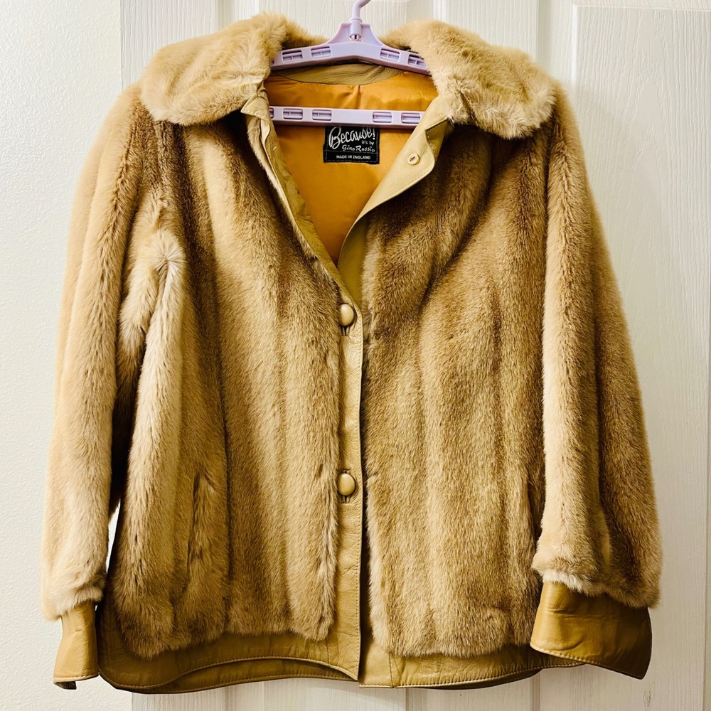VTG Because by Gino Rossi Faux Fur‎ Leather Trim Women 8 Jacket Made in England